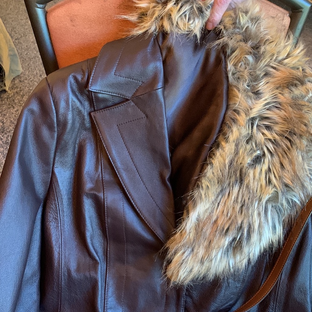 Terry Lewis PXS dark brown leather blazer jacket with removable faux fur collar